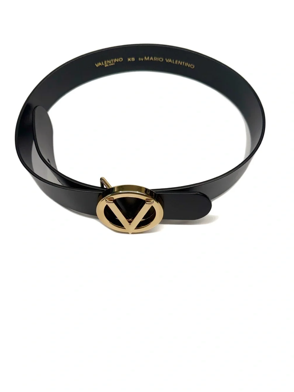 Valentino Gold V Logo Black Leather Belt NWT
